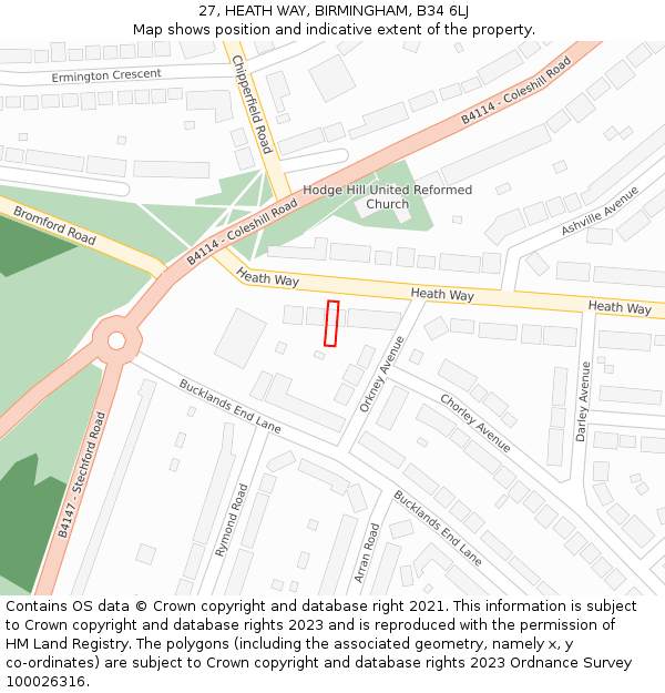 27, HEATH WAY, BIRMINGHAM, B34 6LJ: Location map and indicative extent of plot