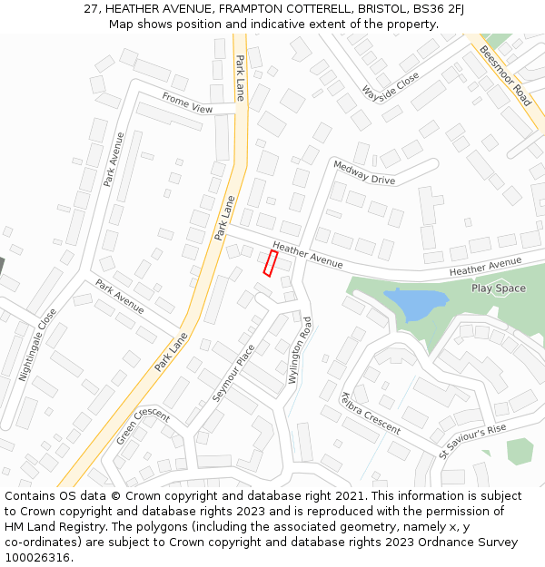 27, HEATHER AVENUE, FRAMPTON COTTERELL, BRISTOL, BS36 2FJ: Location map and indicative extent of plot