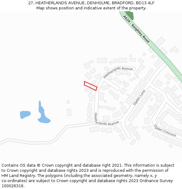 27, HEATHERLANDS AVENUE, DENHOLME, BRADFORD, BD13 4LF: Location map and indicative extent of plot