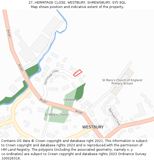 27, HERMITAGE CLOSE, WESTBURY, SHREWSBURY, SY5 9QL: Location map and indicative extent of plot