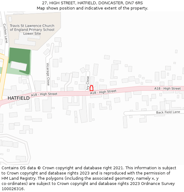 27, HIGH STREET, HATFIELD, DONCASTER, DN7 6RS: Location map and indicative extent of plot