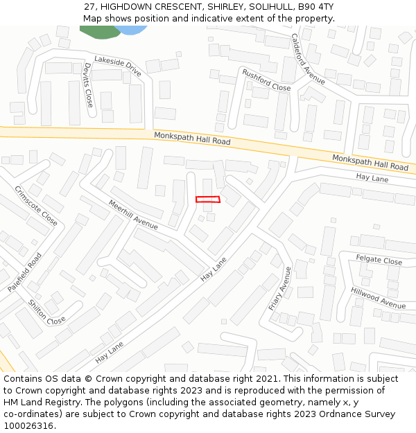 27, HIGHDOWN CRESCENT, SHIRLEY, SOLIHULL, B90 4TY: Location map and indicative extent of plot
