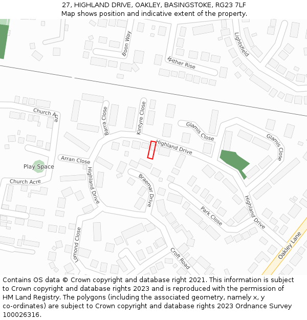 27, HIGHLAND DRIVE, OAKLEY, BASINGSTOKE, RG23 7LF: Location map and indicative extent of plot
