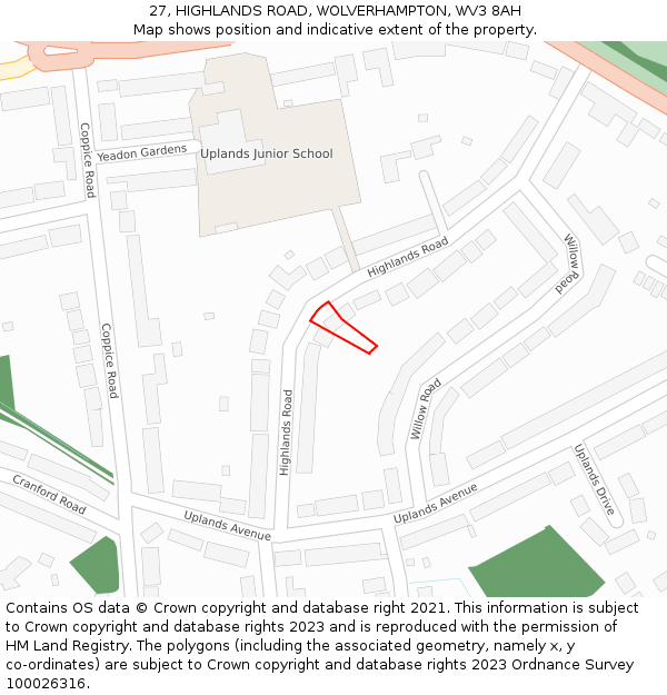 27, HIGHLANDS ROAD, WOLVERHAMPTON, WV3 8AH: Location map and indicative extent of plot