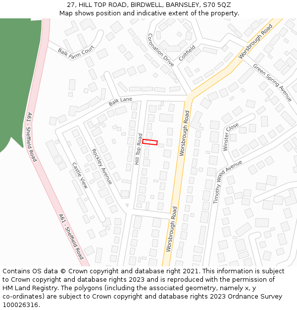 27, HILL TOP ROAD, BIRDWELL, BARNSLEY, S70 5QZ: Location map and indicative extent of plot