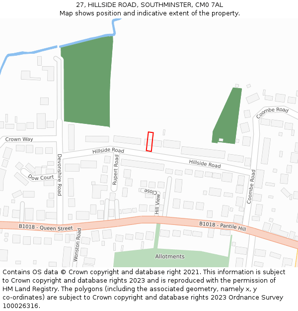 27, HILLSIDE ROAD, SOUTHMINSTER, CM0 7AL: Location map and indicative extent of plot