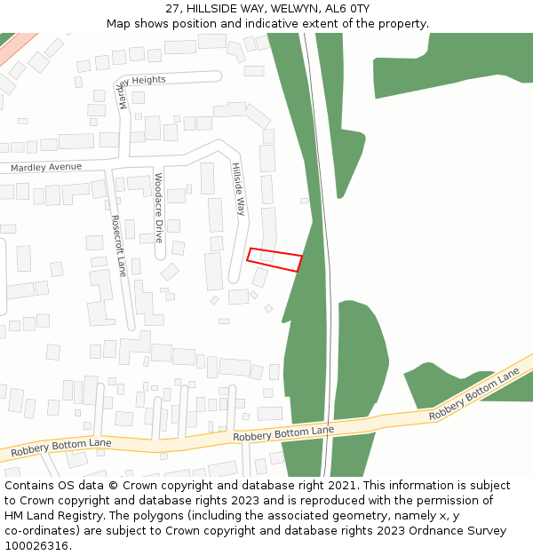 27, HILLSIDE WAY, WELWYN, AL6 0TY: Location map and indicative extent of plot