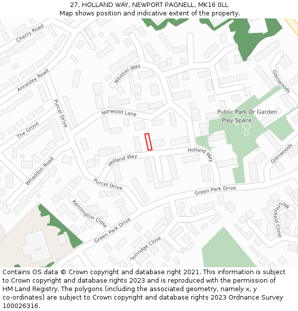 27, HOLLAND WAY, NEWPORT PAGNELL, MK16 0LL: Location map and indicative extent of plot