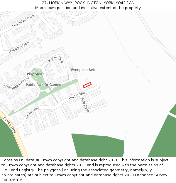 27, HOPKIN WAY, POCKLINGTON, YORK, YO42 1AN: Location map and indicative extent of plot