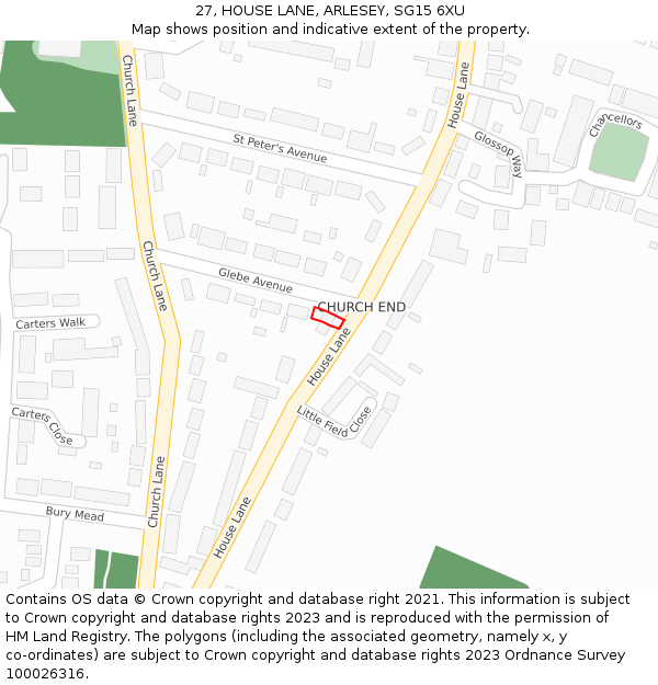 27, HOUSE LANE, ARLESEY, SG15 6XU: Location map and indicative extent of plot