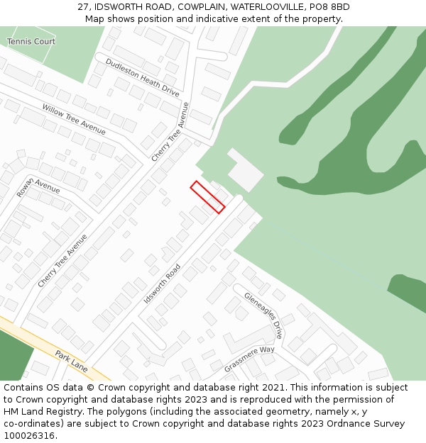 27, IDSWORTH ROAD, COWPLAIN, WATERLOOVILLE, PO8 8BD: Location map and indicative extent of plot