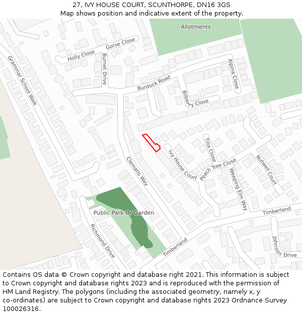 27, IVY HOUSE COURT, SCUNTHORPE, DN16 3GS: Location map and indicative extent of plot