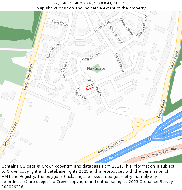 27, JAMES MEADOW, SLOUGH, SL3 7GE: Location map and indicative extent of plot