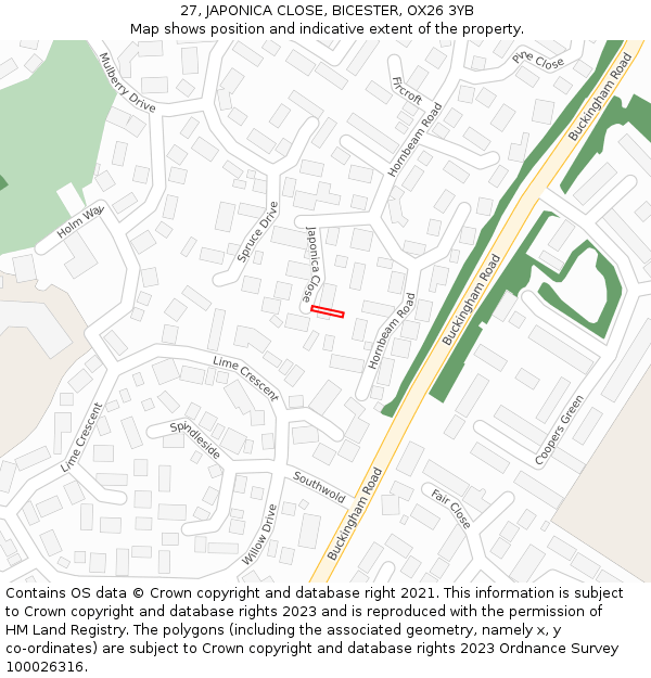 27, JAPONICA CLOSE, BICESTER, OX26 3YB: Location map and indicative extent of plot