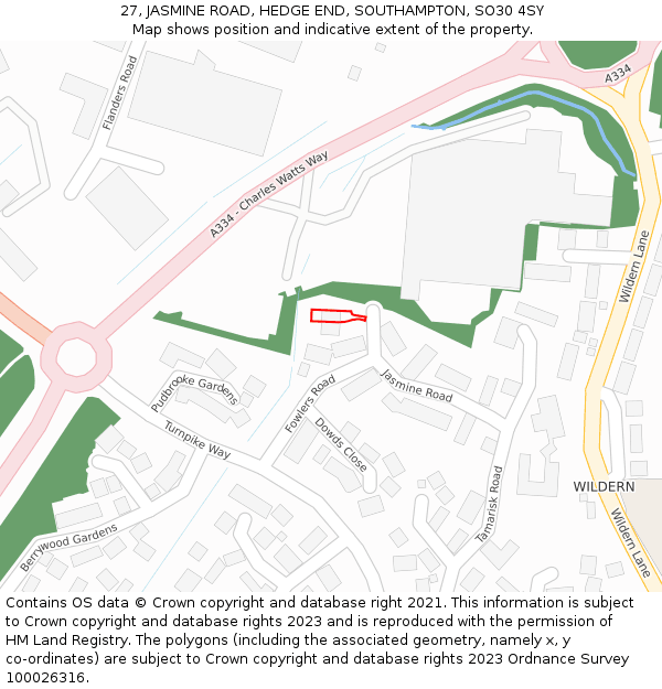 27, JASMINE ROAD, HEDGE END, SOUTHAMPTON, SO30 4SY: Location map and indicative extent of plot