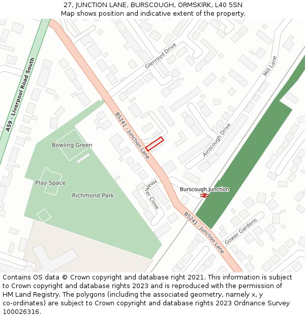 27, JUNCTION LANE, BURSCOUGH, ORMSKIRK, L40 5SN: Location map and indicative extent of plot