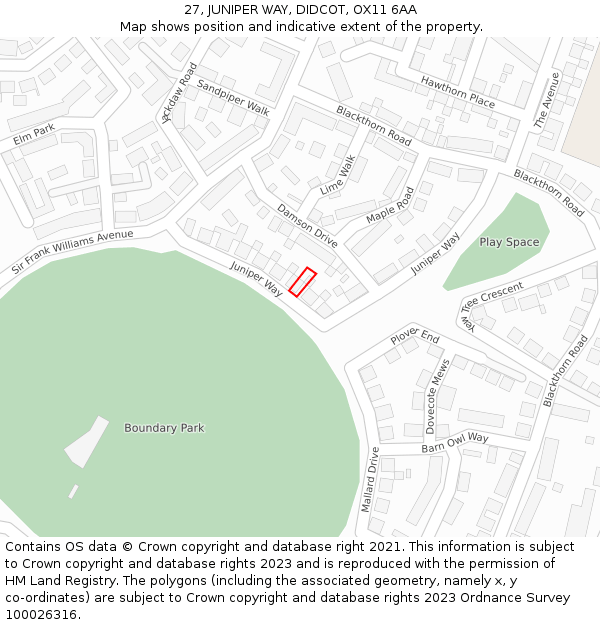 27, JUNIPER WAY, DIDCOT, OX11 6AA: Location map and indicative extent of plot