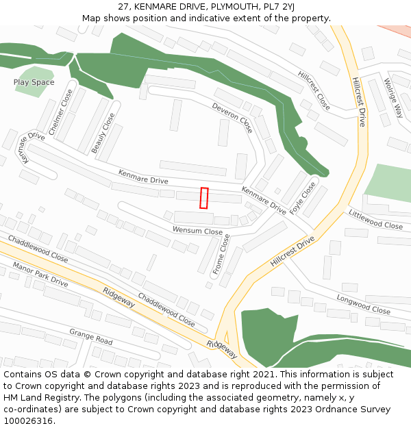 27, KENMARE DRIVE, PLYMOUTH, PL7 2YJ: Location map and indicative extent of plot