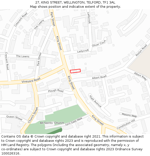 27, KING STREET, WELLINGTON, TELFORD, TF1 3AL: Location map and indicative extent of plot