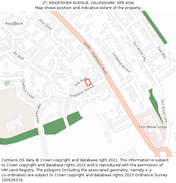 27, KINGFISHER AVENUE, GILLINGHAM, SP8 4GW: Location map and indicative extent of plot