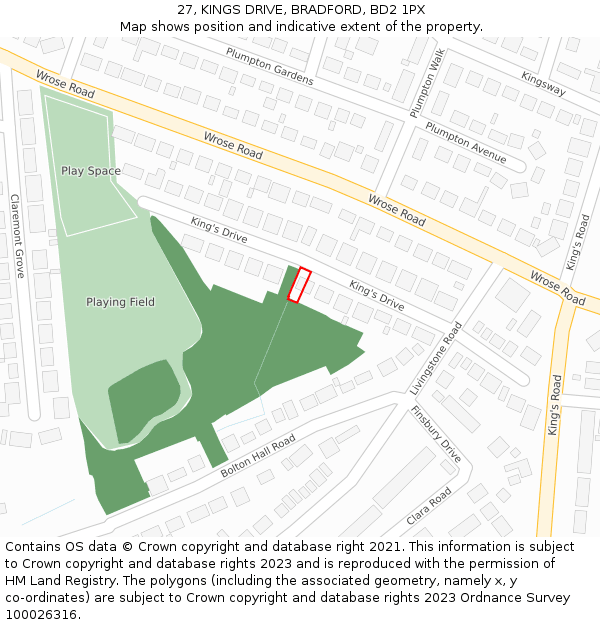27, KINGS DRIVE, BRADFORD, BD2 1PX: Location map and indicative extent of plot