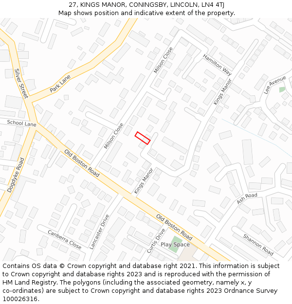27, KINGS MANOR, CONINGSBY, LINCOLN, LN4 4TJ: Location map and indicative extent of plot