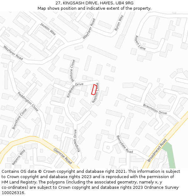 27, KINGSASH DRIVE, HAYES, UB4 9RG: Location map and indicative extent of plot