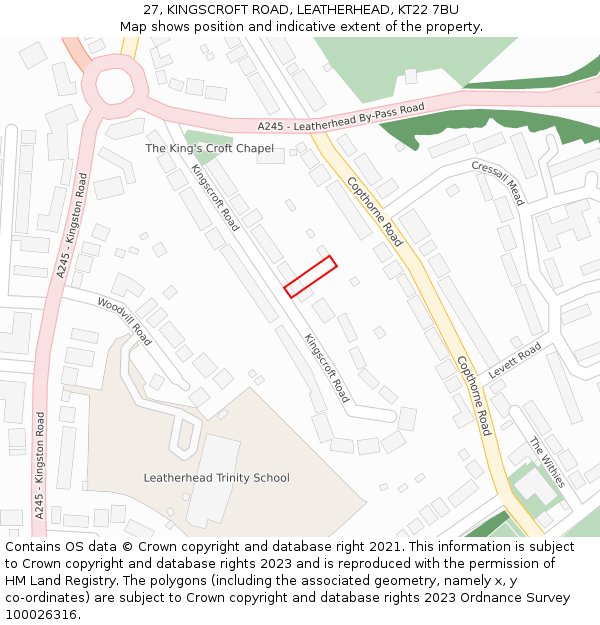 27, KINGSCROFT ROAD, LEATHERHEAD, KT22 7BU: Location map and indicative extent of plot