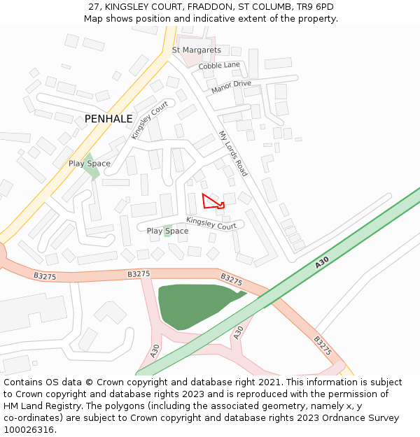 27, KINGSLEY COURT, FRADDON, ST COLUMB, TR9 6PD: Location map and indicative extent of plot