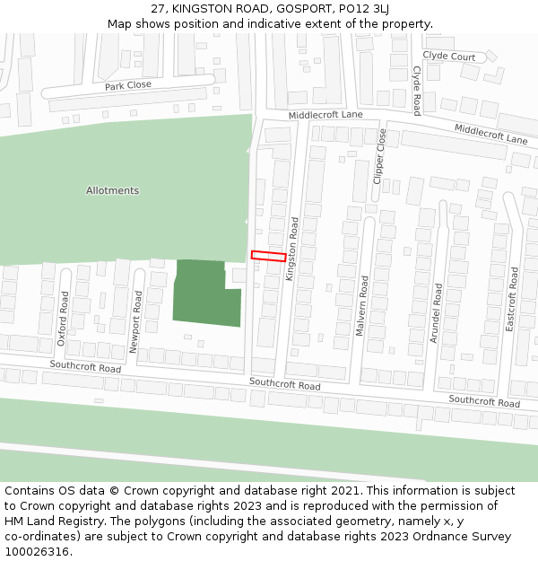 27, KINGSTON ROAD, GOSPORT, PO12 3LJ: Location map and indicative extent of plot