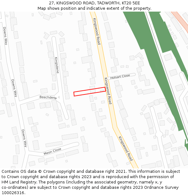 27, KINGSWOOD ROAD, TADWORTH, KT20 5EE: Location map and indicative extent of plot