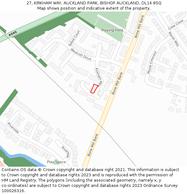27, KIRKHAM WAY, AUCKLAND PARK, BISHOP AUCKLAND, DL14 8SQ: Location map and indicative extent of plot