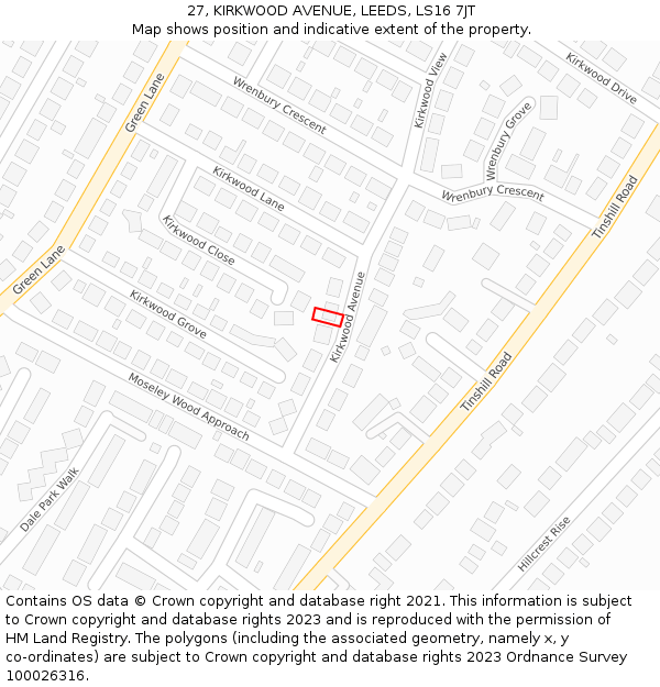 27, KIRKWOOD AVENUE, LEEDS, LS16 7JT: Location map and indicative extent of plot