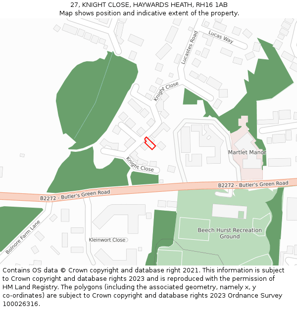 27, KNIGHT CLOSE, HAYWARDS HEATH, RH16 1AB: Location map and indicative extent of plot