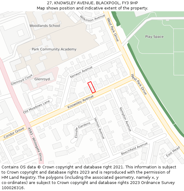 27, KNOWSLEY AVENUE, BLACKPOOL, FY3 9HP: Location map and indicative extent of plot