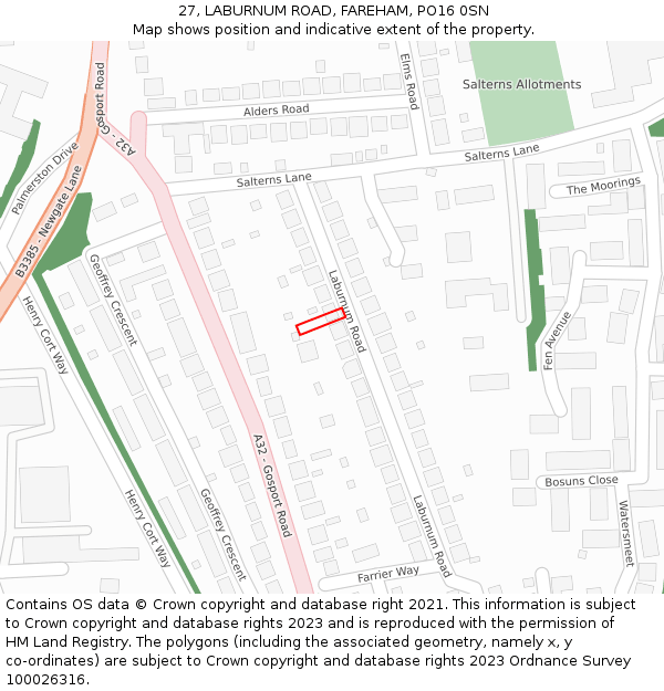 27, LABURNUM ROAD, FAREHAM, PO16 0SN: Location map and indicative extent of plot