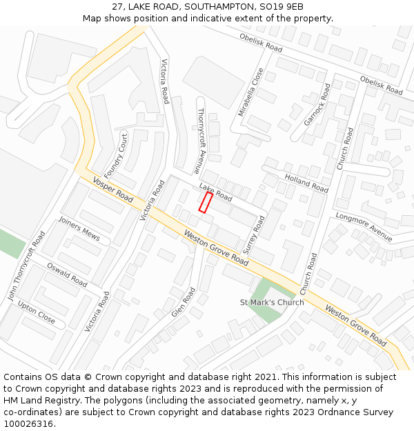 27, LAKE ROAD, SOUTHAMPTON, SO19 9EB: Location map and indicative extent of plot