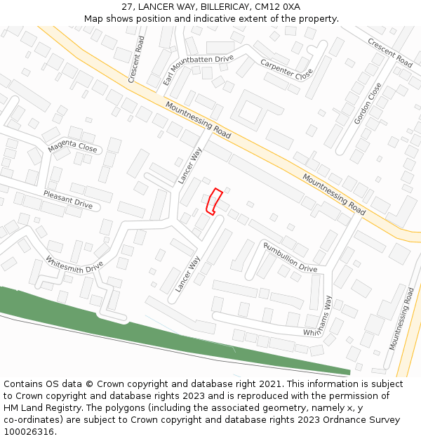 27, LANCER WAY, BILLERICAY, CM12 0XA: Location map and indicative extent of plot