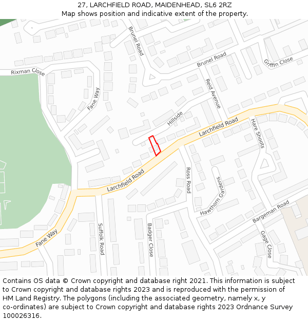 27, LARCHFIELD ROAD, MAIDENHEAD, SL6 2RZ: Location map and indicative extent of plot