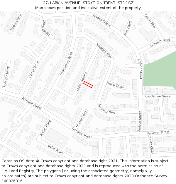 27, LARKIN AVENUE, STOKE-ON-TRENT, ST3 1SZ: Location map and indicative extent of plot