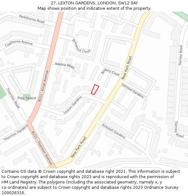 27, LEXTON GARDENS, LONDON, SW12 0AY: Location map and indicative extent of plot