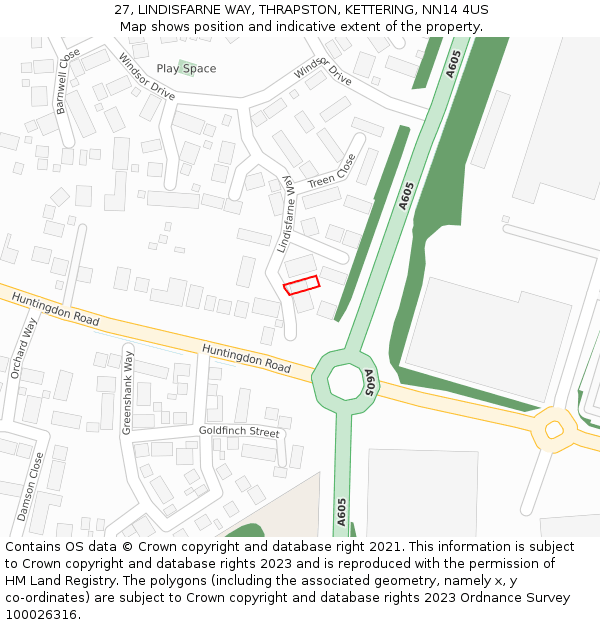 27, LINDISFARNE WAY, THRAPSTON, KETTERING, NN14 4US: Location map and indicative extent of plot