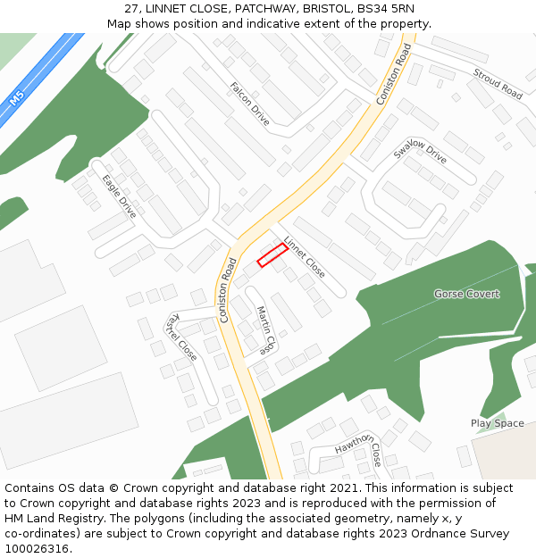 27, LINNET CLOSE, PATCHWAY, BRISTOL, BS34 5RN: Location map and indicative extent of plot