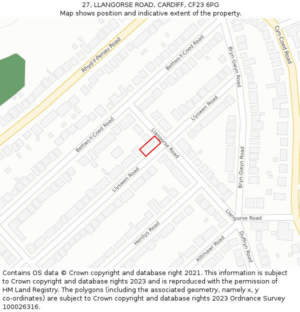 27, LLANGORSE ROAD, CARDIFF, CF23 6PG: Location map and indicative extent of plot