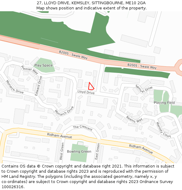 27, LLOYD DRIVE, KEMSLEY, SITTINGBOURNE, ME10 2GA: Location map and indicative extent of plot