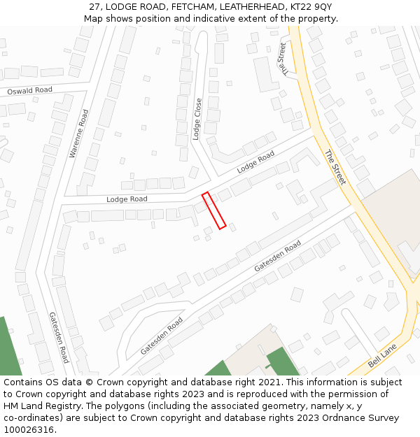 27, LODGE ROAD, FETCHAM, LEATHERHEAD, KT22 9QY: Location map and indicative extent of plot
