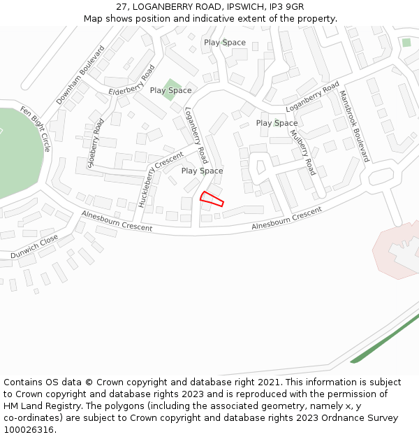 27, LOGANBERRY ROAD, IPSWICH, IP3 9GR: Location map and indicative extent of plot