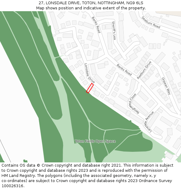 27, LONSDALE DRIVE, TOTON, NOTTINGHAM, NG9 6LS: Location map and indicative extent of plot