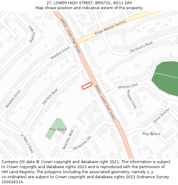 27, LOWER HIGH STREET, BRISTOL, BS11 0AX: Location map and indicative extent of plot