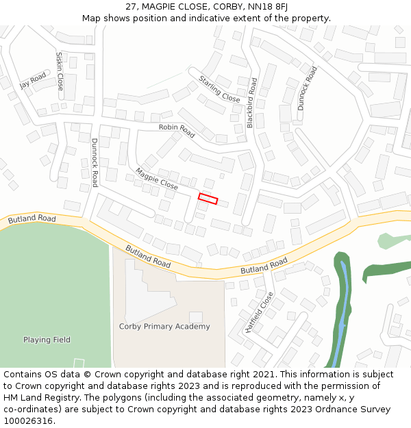 27, MAGPIE CLOSE, CORBY, NN18 8FJ: Location map and indicative extent of plot